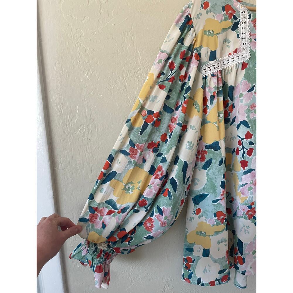 Entro Floral Crochet Detail Smocked Blouse Top Spring Boho Flowy Office Career - Picture 6 of 8